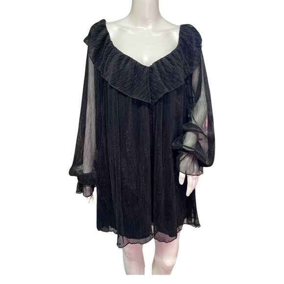 Tularosa Size Small Black Metallic Sheer Long Sleeve Ruffled Peasant Tunic Top - Picture 1 of 11